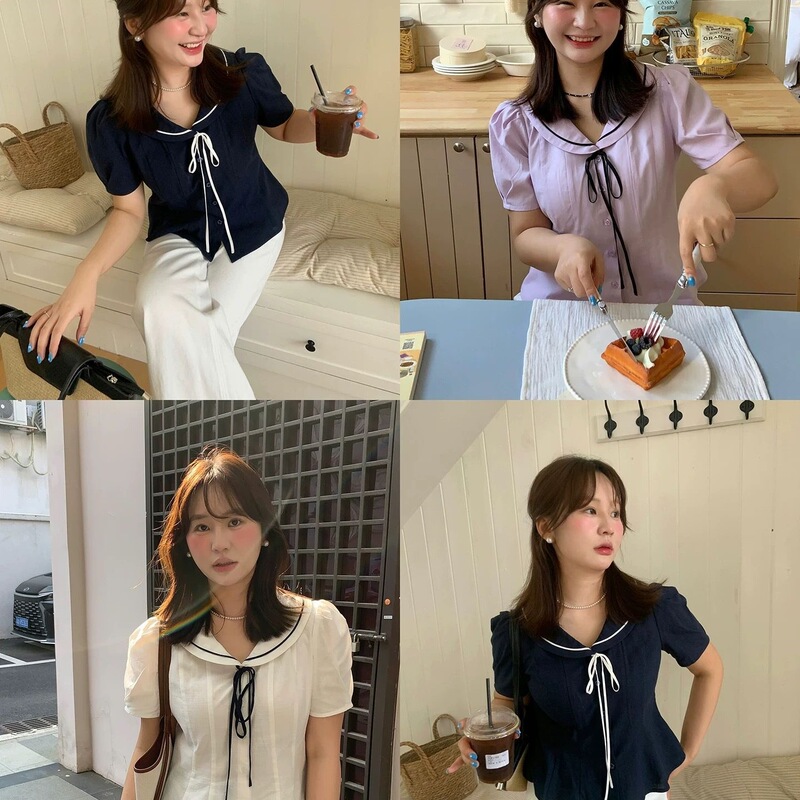 Waist-Cinching Shirt for Women, Plus Size, Sweet Navy Collar, Color-Blocked Short-Sleeve Top, Navy Blue and Purple, New Chinese Style Cotton and Linen Women's Clothing
