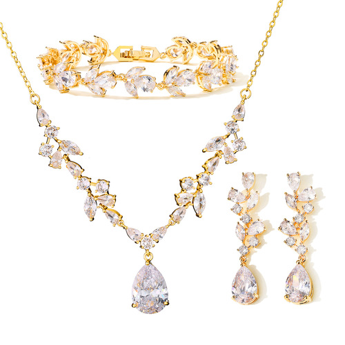 RAKOL European and American Luxury Waterdrop Zircon Bridal Jewelry Set: Women's Necklace, Earrings, and Bracelet – A Three-Piece Ensemble