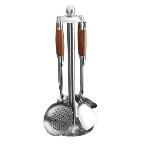 Manufacturer spatula German stainless steel household kitchenware solid wood handle anti-scalding cooking spatula soup colander frying spatula set