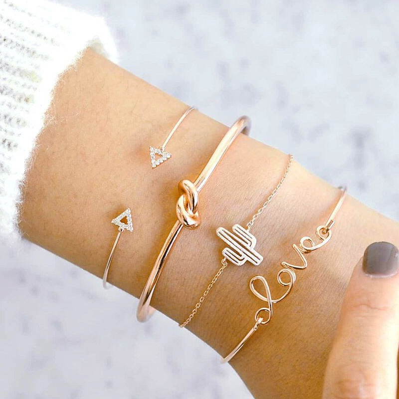 love letter cactus knotted 4-piece bracelet retro triangle diamond bracelet set bracelet_voghion.com