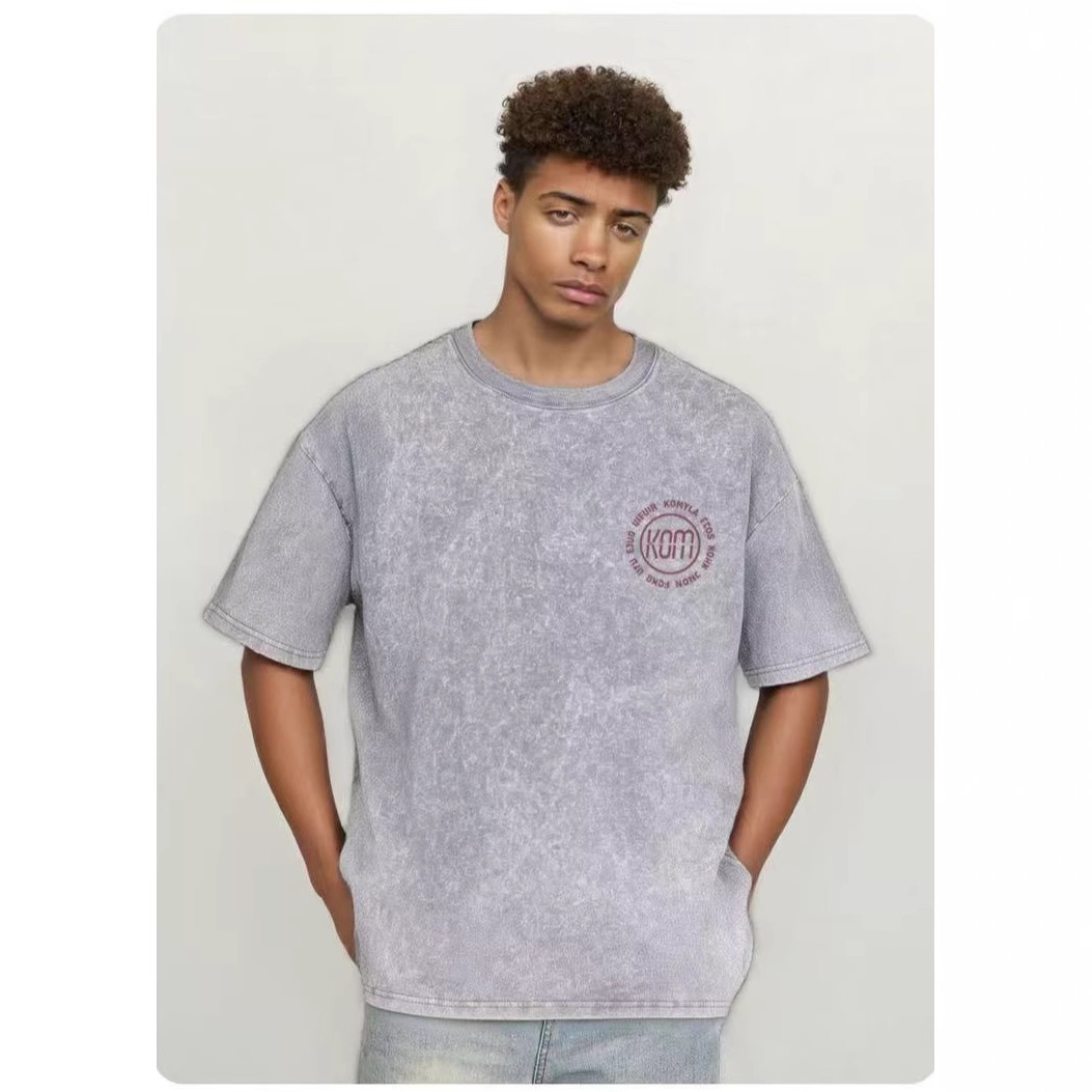 Comercio exterior transfronterizo pesado camiseta de manga corta hombre lavado retro cuello redondo suelto hip-hop estilo americano camisa de hombro en la moda