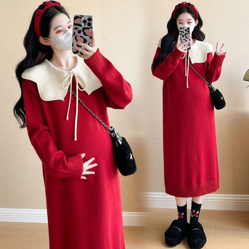 孕妇秋装红色毛衣裙2025新款孕妇圣诞毛衣减龄娃娃领针织裙秋冬季