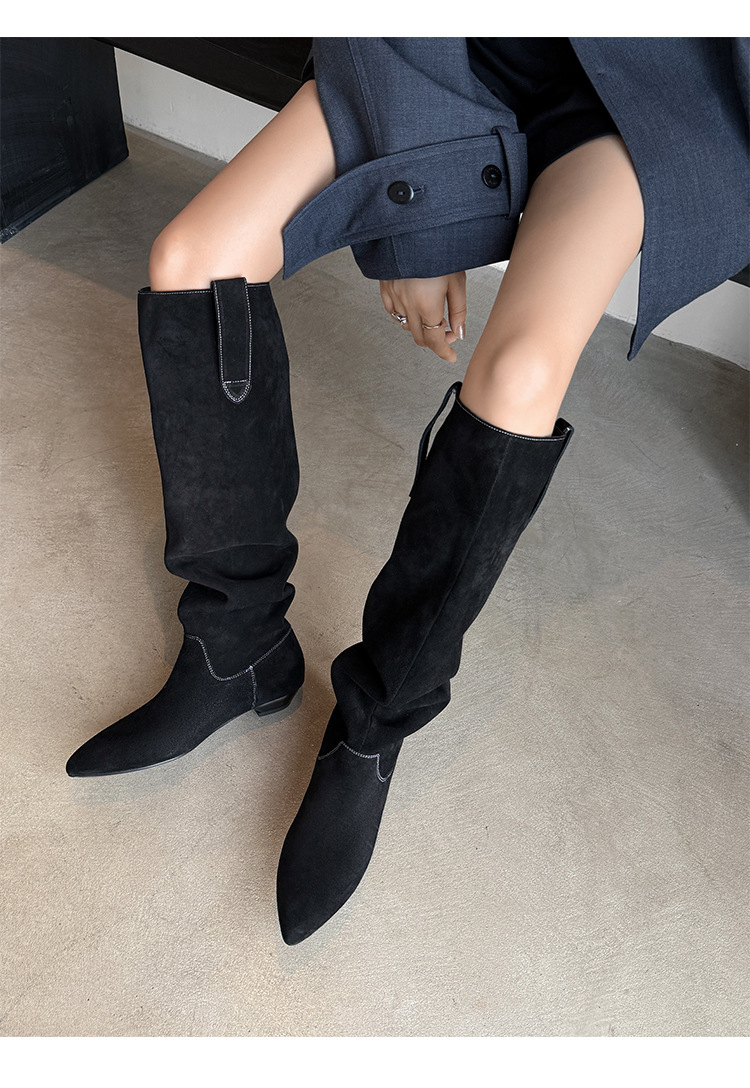 Boot nữ cổ thấp mũi nhọn gót thấp ống xếp ly chất da lộn — màu đen, màu xám, màu mơ chi tiết 23