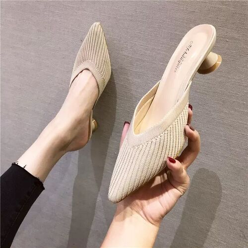 Half Slipper Women's Outerwear 2024 Trendy Knit Rough Heel Sandals Outerwear Pointed High Heels Women's Mule Shoes