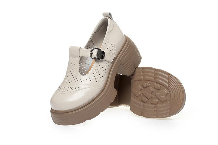 Sandal cao gót đế dày nữ hở mũi, thoáng khí mùa hè, da thật — Màu be chi tiết 24