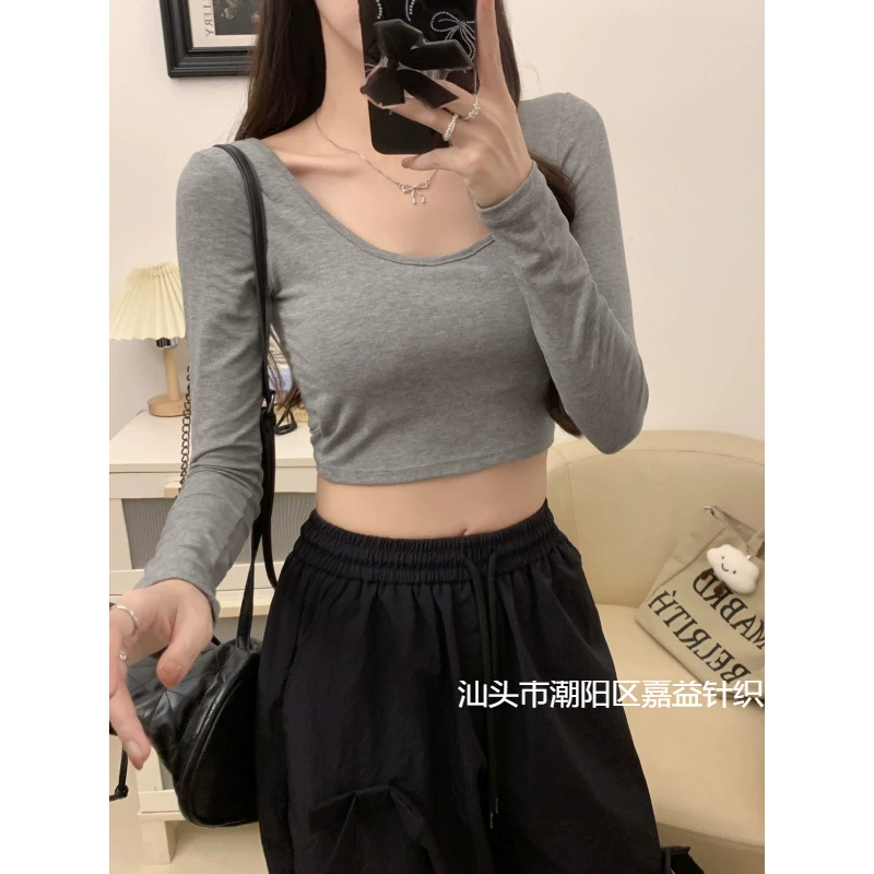 A084 # Короткая тонкая тонкая футболка с длинными рукавами