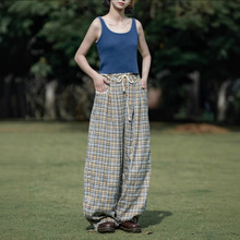 早乙惠子saotom 日系复古休闲蕾丝拼接格纹宽松垂感显瘦长裤