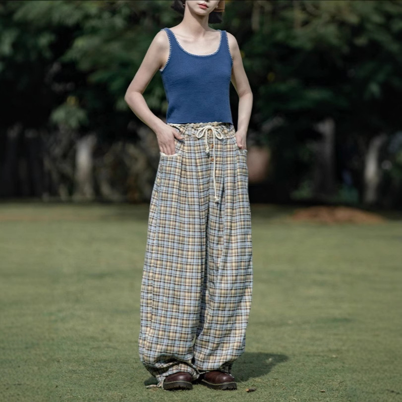 早乙惠子saotom 日系复古休闲蕾丝拼接格纹宽松垂感显瘦长裤