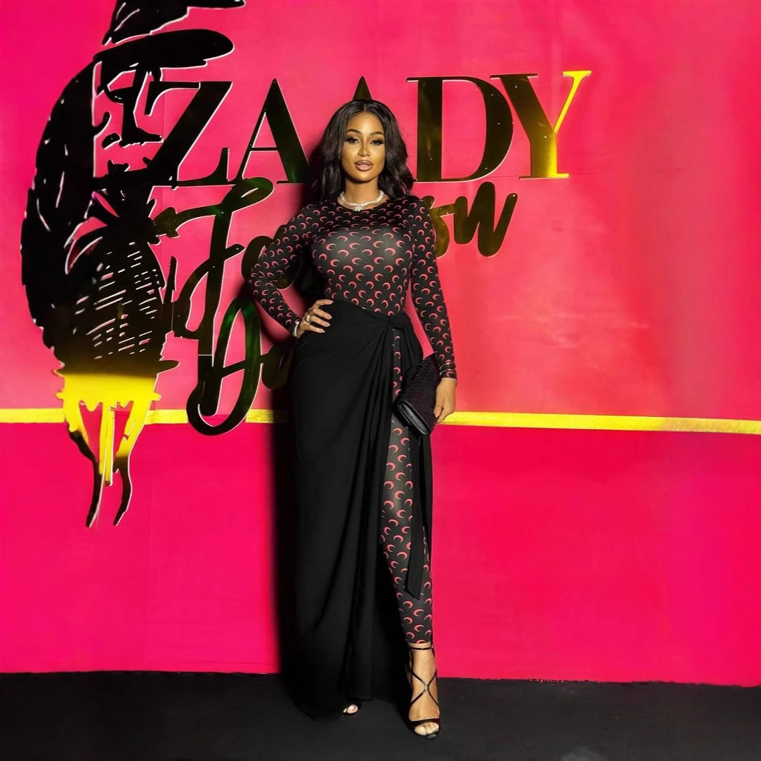 European and American Popular Cross-Border Fashion Trend Moon Print Design Elastic Slim Sexy Bottoming Top and Pants Suit