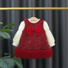 3207女童红色公主裙周岁礼服2024新款冬装女宝宝背心裙加绒连衣裙