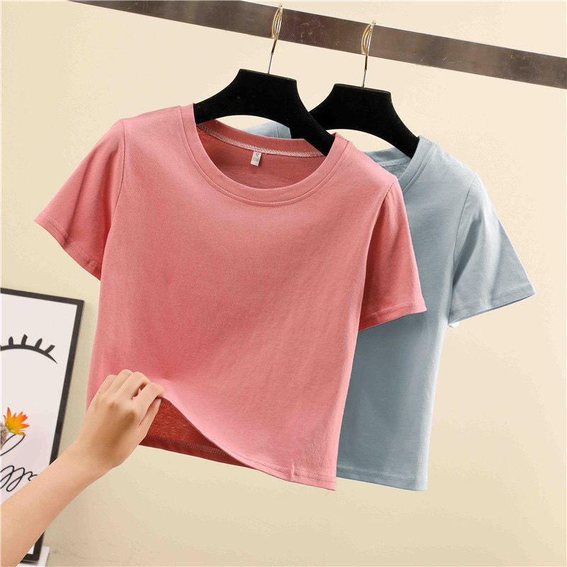 INS Camiseta corta de manga corta ropa de verano de las mujeres con fugas en el ombligo slim fit camisa de fondo corta cintura alta color sólido deportes top