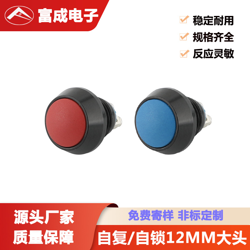 厂家供应大头12MM多色可选防水防尘自锁自复金属按钮开关按键面板