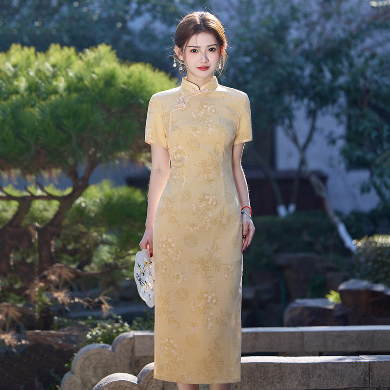Yellow National Style Long-Short Modified Cheongsam 2025 New Youthful Women's Retro Fitted Short Sleeve Daily Spring Summer Dress