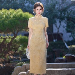 Yellow National Style Long-Short Modified Cheongsam 2025 New Youthful Women's Retro Fitted Short Sleeve Daily Spring Summer Dress