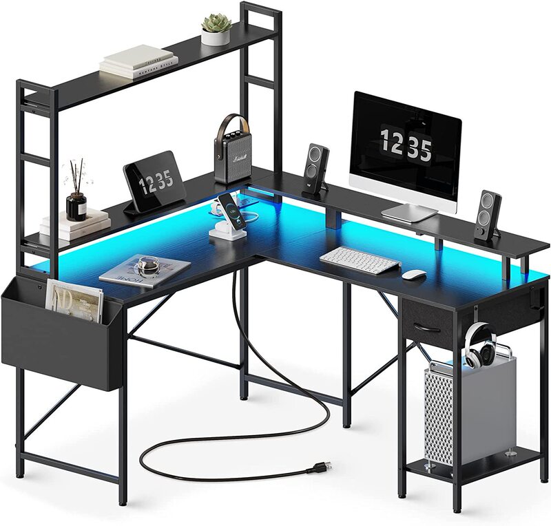 Factory Direct Sales Computer Desk with Storage Shelves L Shape Office Desk Gaming Desk with Led Lights and Power Outlets