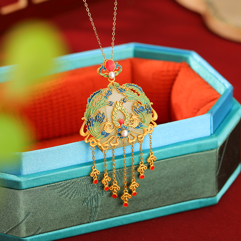 YUEBAO JEWELRY S925 STERLING 실버 골드 도금 HETIAN JADE 국가 패션 CLOISONNE PHOENIX NIRVANA RUYI TASSEL 펜던트 펜던트