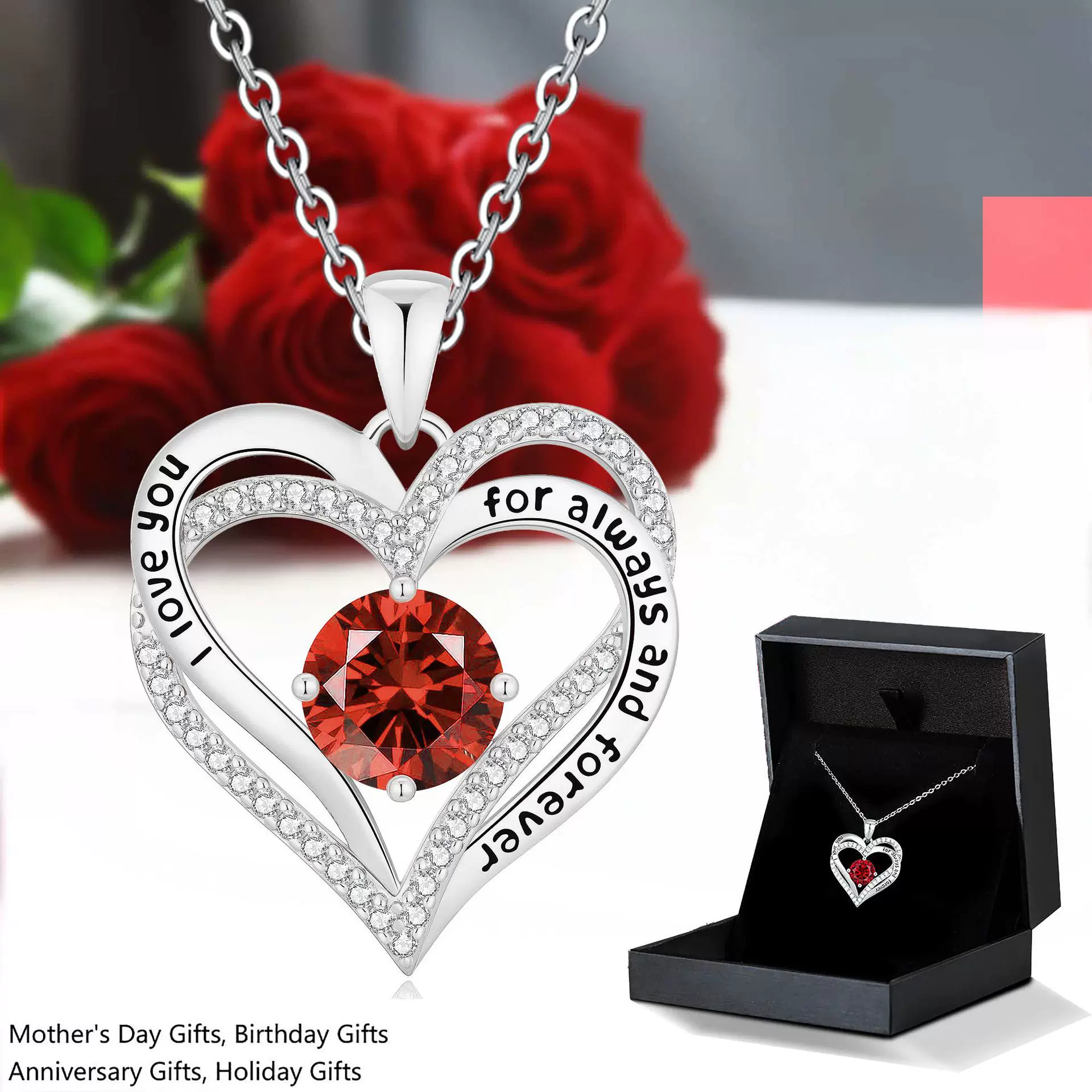 亚马逊跨境爆款双层心形微镶十二生辰石百搭简约永恒之心项链吊坠