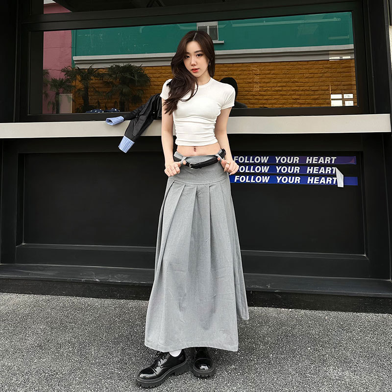 Special Clearance Gray Asymmetrical High-Waisted A-Line Pleated Half-Length Skirt for Women, Non-Returnable and Non-Exchangeable in Summer
