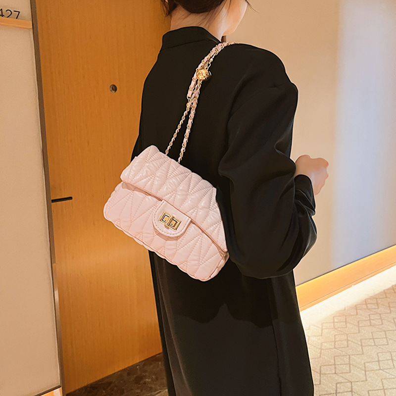 Bolsa feminina pequena estilo perfumado 2023, nova bolsa com corrente de bordado de diamantes, textura de bola dourada, estilo estrangeiro, bolsa transversal de ombro único_voghion.com