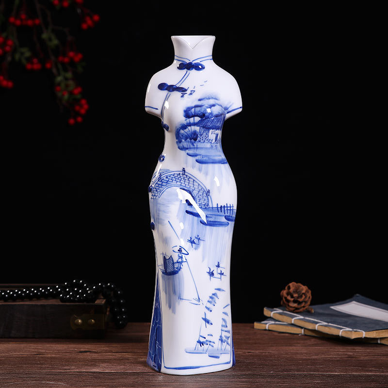Porcelana Qinghua cheongsam personajes ornamentos Jingdezhen cerámica artesanía china ornamentos de sala de estar hechos a mano