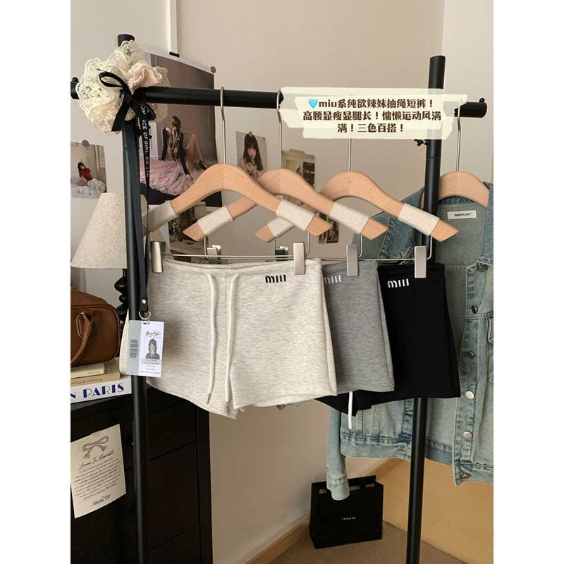 Fashion Black Embroidered Wide-leg Shorts Women's Summer Casual Pants Drawstring Short Pants All-match High Waist A- shaped Hot Pants