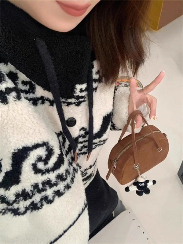 设计感重工提花撞色秋冬新款长袖宽松连帽外套针织开衫毛衣女上衣|undefined