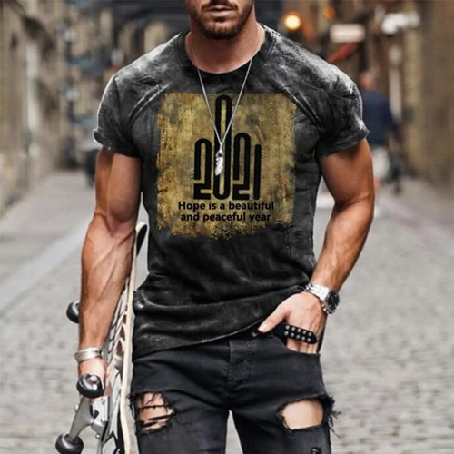2025 Fashion 3D Printed Short-Sleeve T-Shirt with Round Neck for Men, Digital 3D Letter Pattern, Trendy Men's Clothing