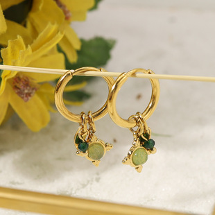 Cross-border INS style aventurine natural stone pendant earrings 18K gold-plated non-fading high-end earrings titanium steel earrings
