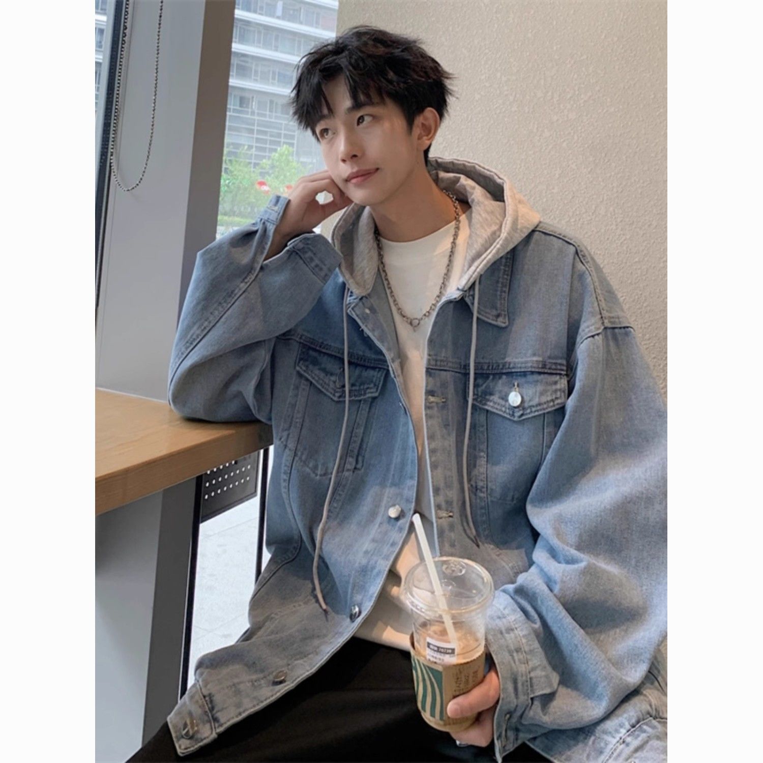 이른 가을 학교 착용 가짜 두 조각 후드 데님 재킷 소년 봄 가을 커플 미국 스타일 패션 브랜드 재킷