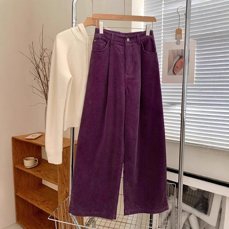 4519 # Super Nice Purple Corduroy Wide-Leg Pants for Women Winter Thin Velvet High-Waist Pleated Casual Pants