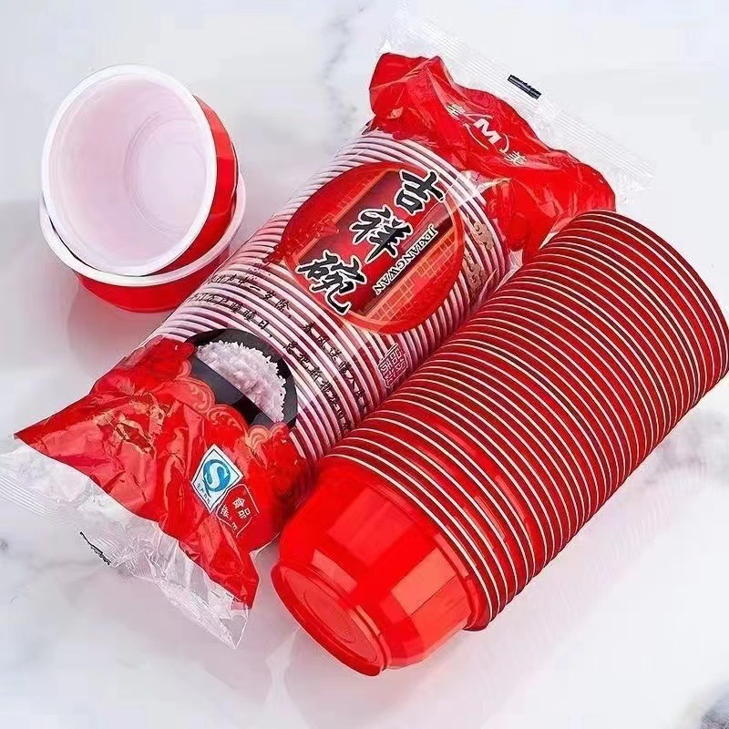 thickened disposable plastic red bowl dinner festive round bowl household tableware wedding new year round bowl factory wholesale