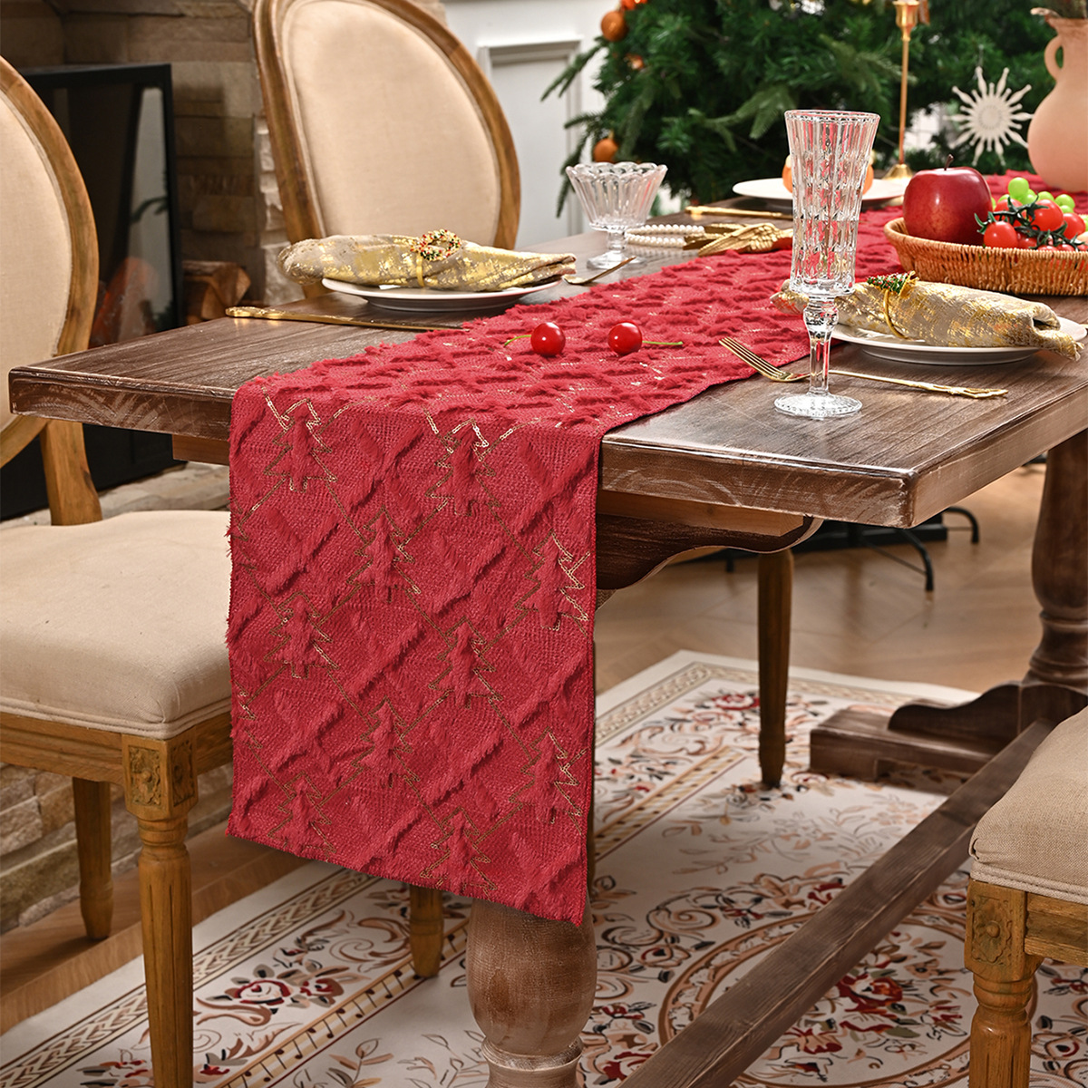 Transfronterizos nueva bandera de mesa de Navidad de pino dorado común Europa y América bandera de mesa de Navidad tela de mesa decoración TEMU