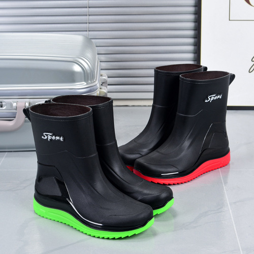 Men's Mid-Calf Rain Boots, New Arrival Water Shoes—Non-Slip, Waterproof, Short-Style with Elastic Cuffs, Fleece-Lined, Made from Durable, Thickened Plastic