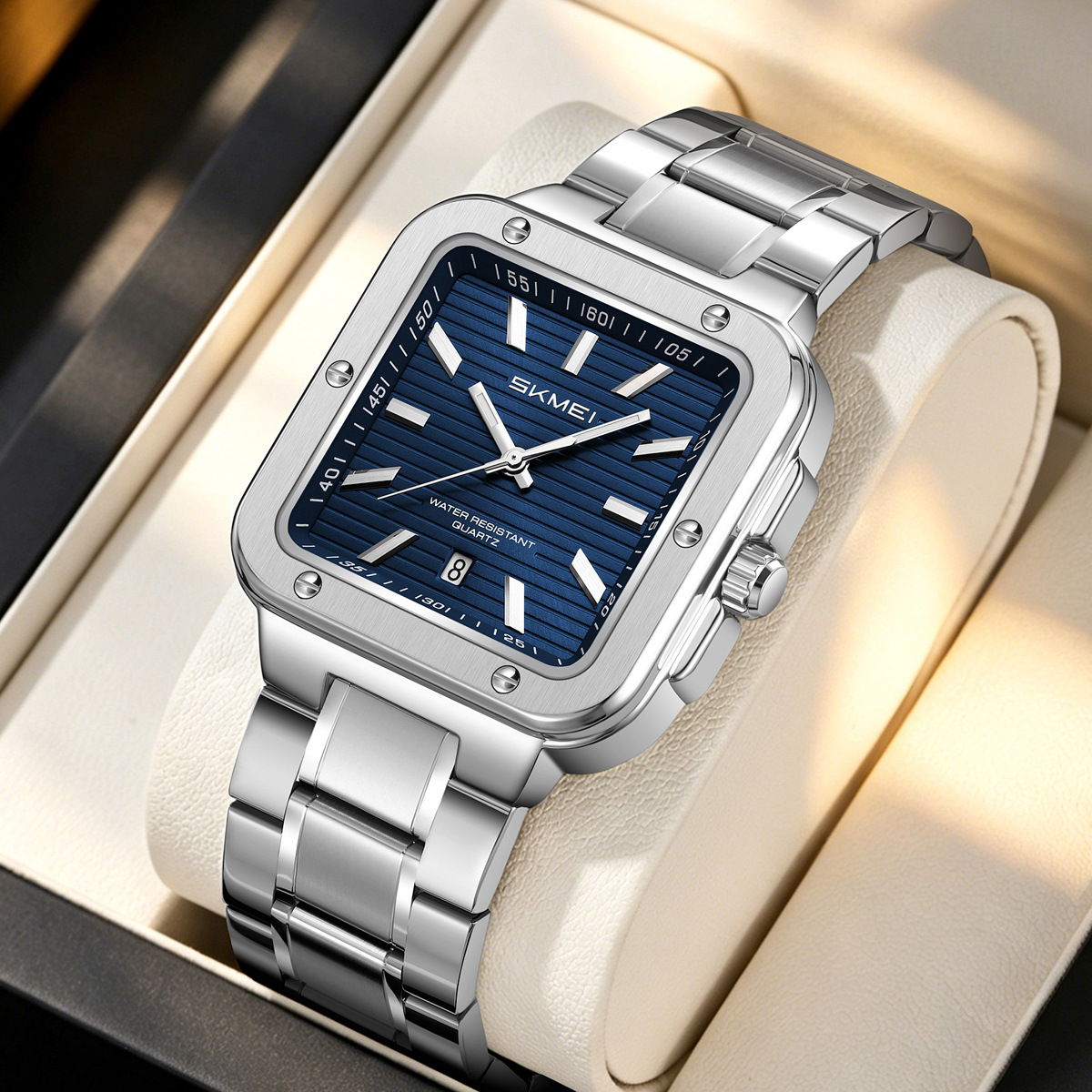 Momento de acero inoxidable cuadrado relojes de cuarzo calendario impermeable para hombres relojes de negocios comercio exterior personalizado spot transfronterizo