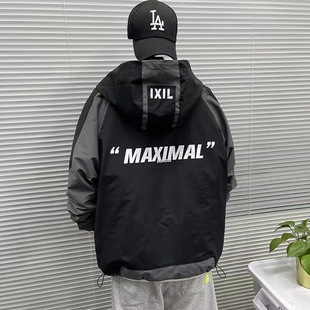 2023 New Hooded Jacket Jacket Men's Tooling Fashion Casual Autumn and Winter Color Split Jacket Processing Customization