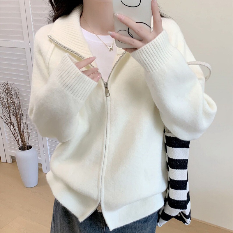 跨境慵懒风毛衣外套女2025秋冬新款韩系纯色立领拉链针织开衫上衣|undefined
