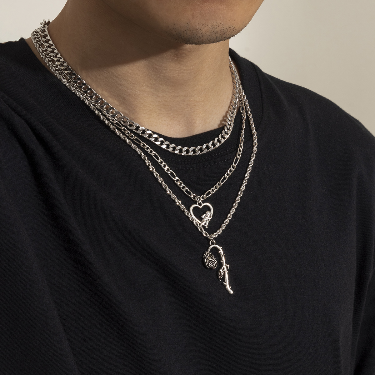 1 Piece British Style Heart Shape Flower Alloy Iron Plating Menu0027S Layered Necklaces