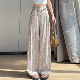 印花亚麻阔腿裤女夏季薄款天丝垂感休闲裤高腰显瘦棉麻宽松直筒裤