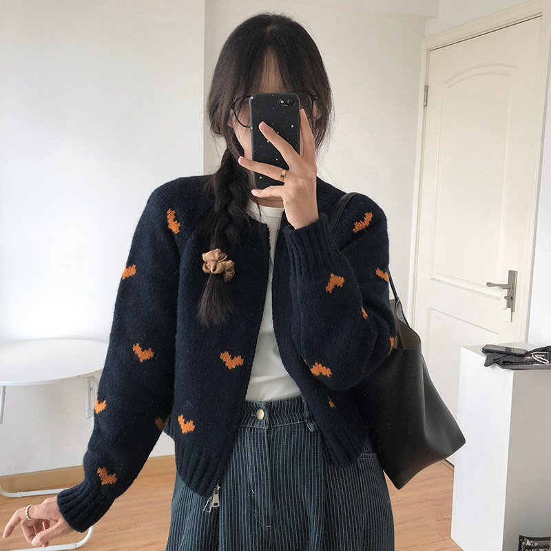 韩系新款爱心提花双拉链学院风时尚圆领毛衣女针织开衫女秋冬外套|undefined