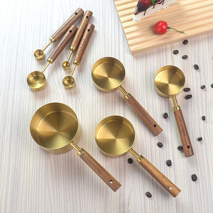 Stainless steel measuring spoon measuring cup 8 piece set rose gold belt scale acacia wooden handle measuring spoon suit measuring baking tool