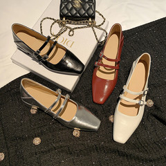 里外全皮瑪麗珍鞋女低跟鞋新款純色復古方頭一字帶粗跟淺口單鞋女
