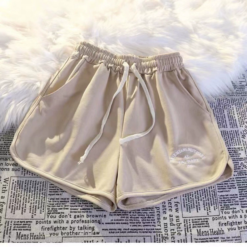 Летние новые свободные женские повседневные спортивные шорты с Вышивкой Букв и эластичной талией, широкие брюки