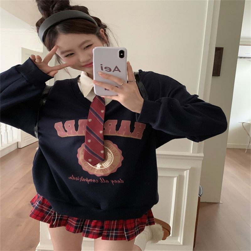 美式复古藏蓝色假两件v领无帽套头卫衣女秋冬季学院风设计感上衣|undefined