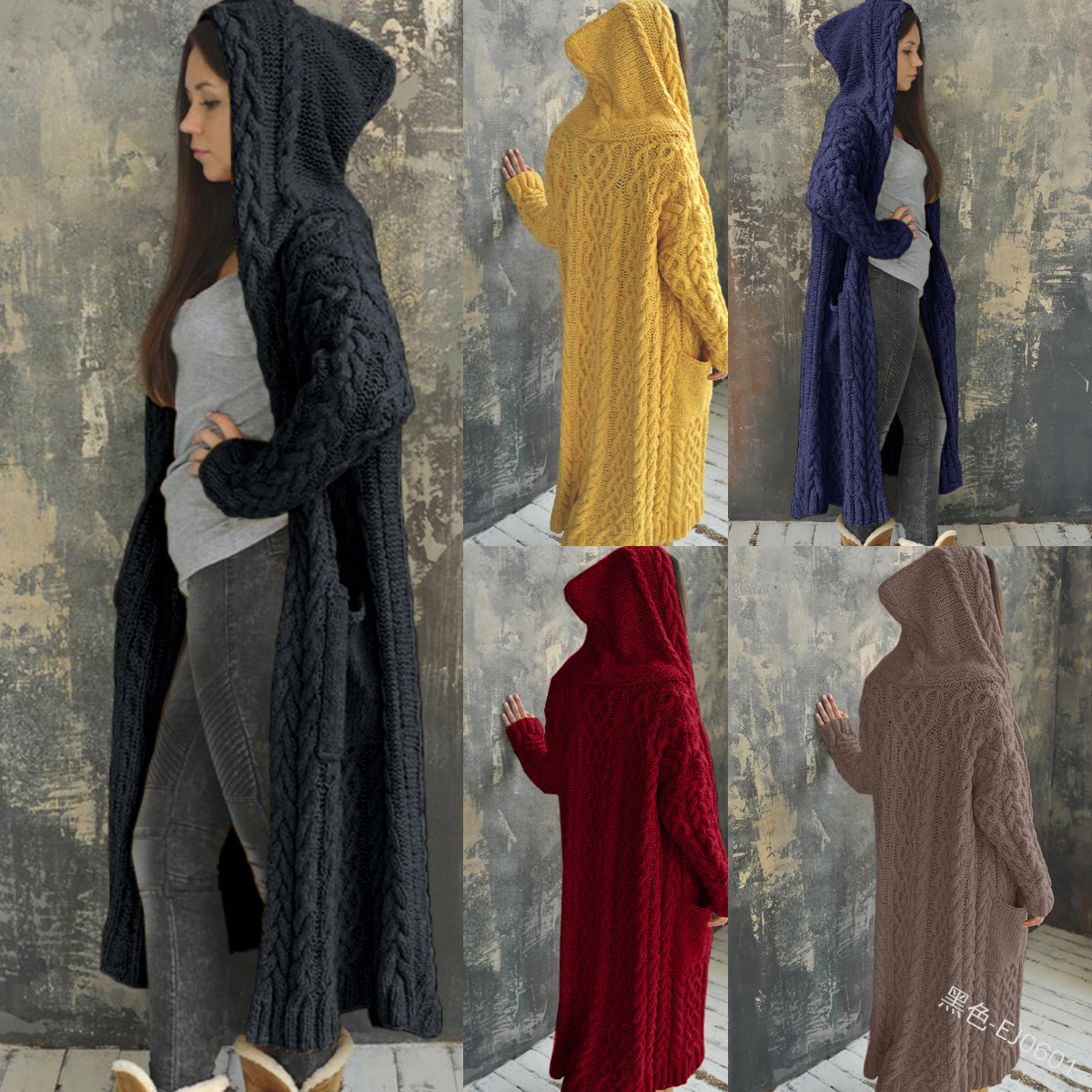 Comercio exterior transfronterizo 2023 europeo y americano nuevo cardigan Twist trenza estilo perezoso con capucha cardigan largo suéter Otoño e Invierno ropa de mujer image 3