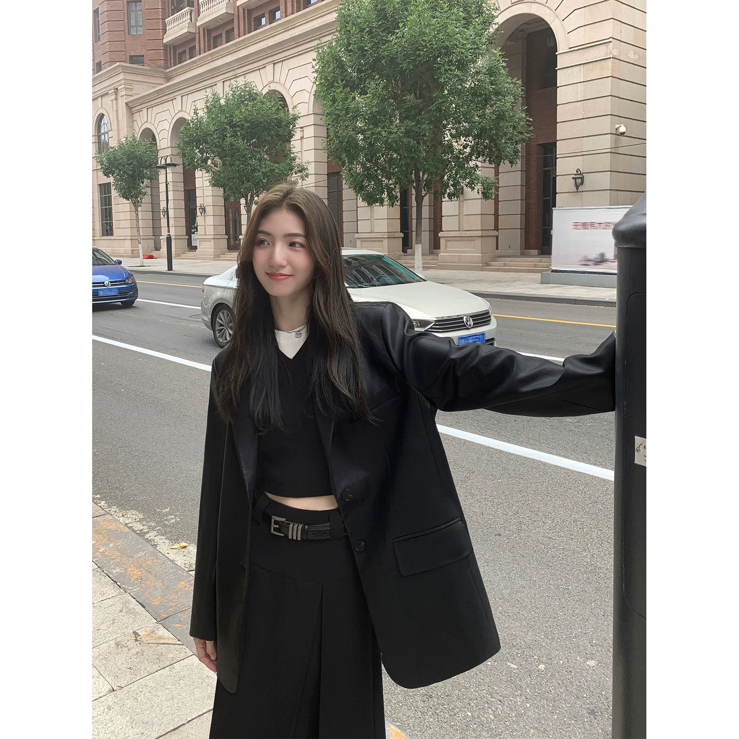 Black polyurethane autumn small classic suit jacket, oversize, bright catchy style