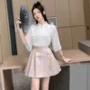 White top+pink horse noodle skirt
