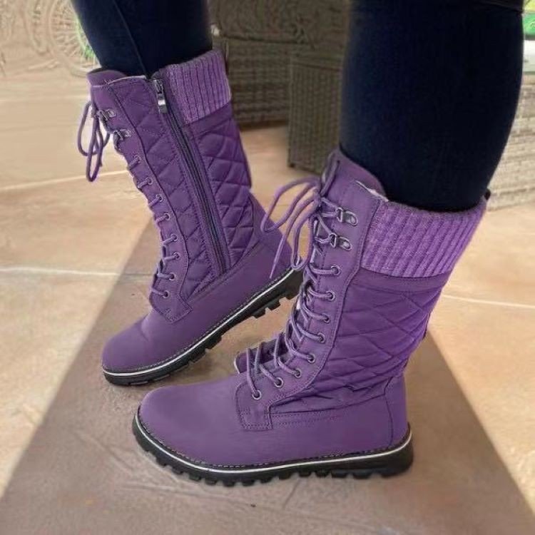 botas para la nieve con puntera redonda y encaje frontal con tacón plano y tubo medio en color liso NSYBJ138921