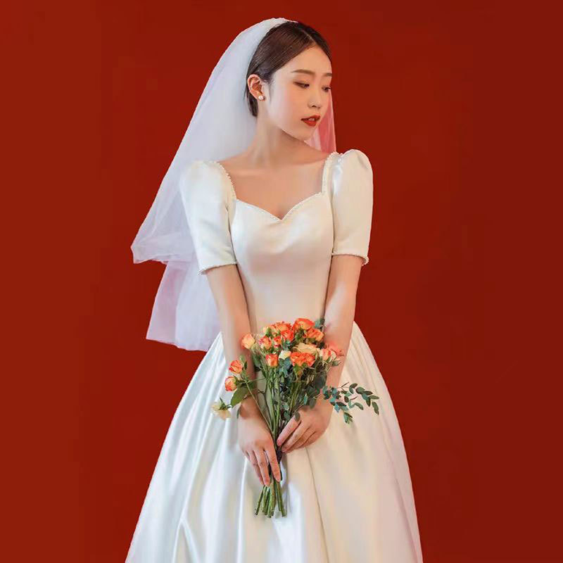 Plus Size Light Wedding Dress for Fat mm Bride, High-End Satin Wedding Dress, Simple Elegant, Enlarged and Fattened, Engagement Travel Photography and Going Out Veil