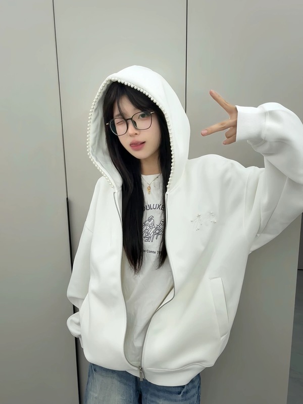 美式潮牌珍珠字母刺绣连帽卫衣女秋季设计感小众宽松复古开衫外套|undefined