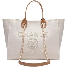 CHANLE品牌香奶奶同款小香风帆布珍珠大容量手提托特包沙滩包